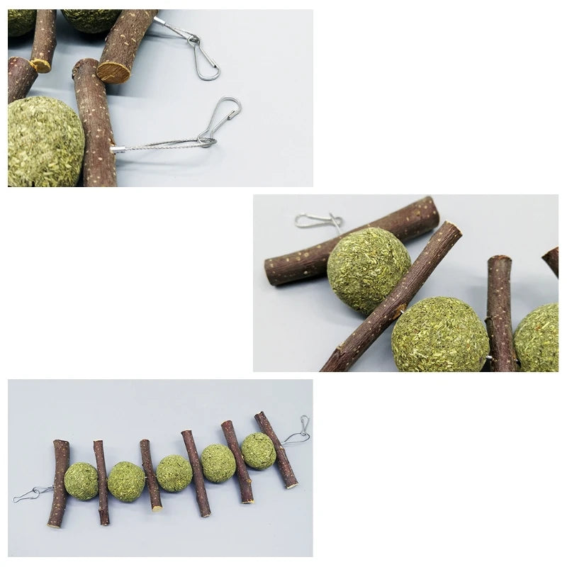 Bunny Chew Toys Rabbit Hay Treat Natural Grass Balls Wood Sticks Fruitwood Branches for Rabbit Chinchilla Teeth Clean