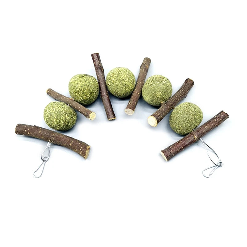 Bunny Chew Toys Rabbit Hay Treat Natural Grass Balls Wood Sticks Fruitwood Branches for Rabbit Chinchilla Teeth Clean