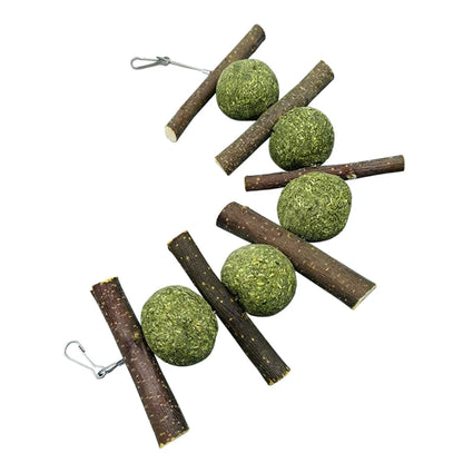 Bunny Chew Toys Rabbit Hay Treat Natural Grass Balls Wood Sticks Fruitwood Branches for Rabbit Chinchilla Teeth Clean