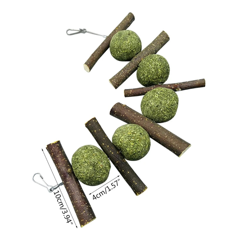 Bunny Chew Toys Rabbit Hay Treat Natural Grass Balls Wood Sticks Fruitwood Branches for Rabbit Chinchilla Teeth Clean