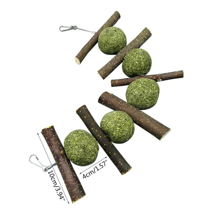 Bunny Chew Toys Rabbit Hay Treat Natural Grass Balls Wood Sticks Fruitwood Branches for Rabbit Chinchilla Teeth Clean