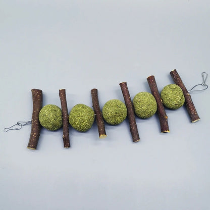Bunny Chew Toys Rabbit Hay Treat Natural Grass Balls Wood Sticks Fruitwood Branches for Rabbit Chinchilla Teeth Clean