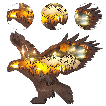 Wooden Ornaments Carved Wooden Wolf Decorations with LED Light Hollow Multi-Layer Forest Animals Scene Display Carving Figurines