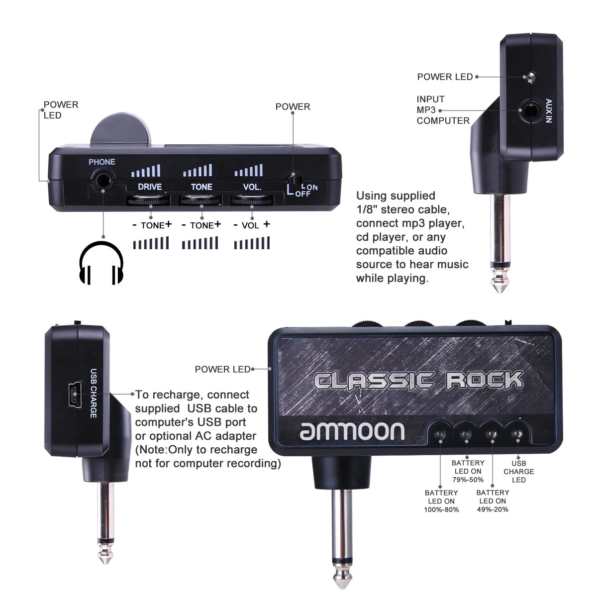 ammoon Electric Guitar Headphone Amplifier Amp 1/4 Inch Plug 3.5mm Headphone Jack & Aux In with Classic Rock Distortion Effect
