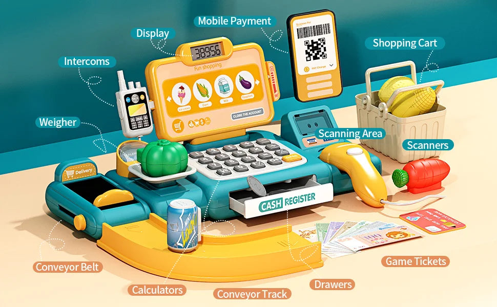Simulation Supermarket Cash Register Game Toy Electronic Pretend Play House Toys Puzzle Weighing Machine Transmitter Kids Toy