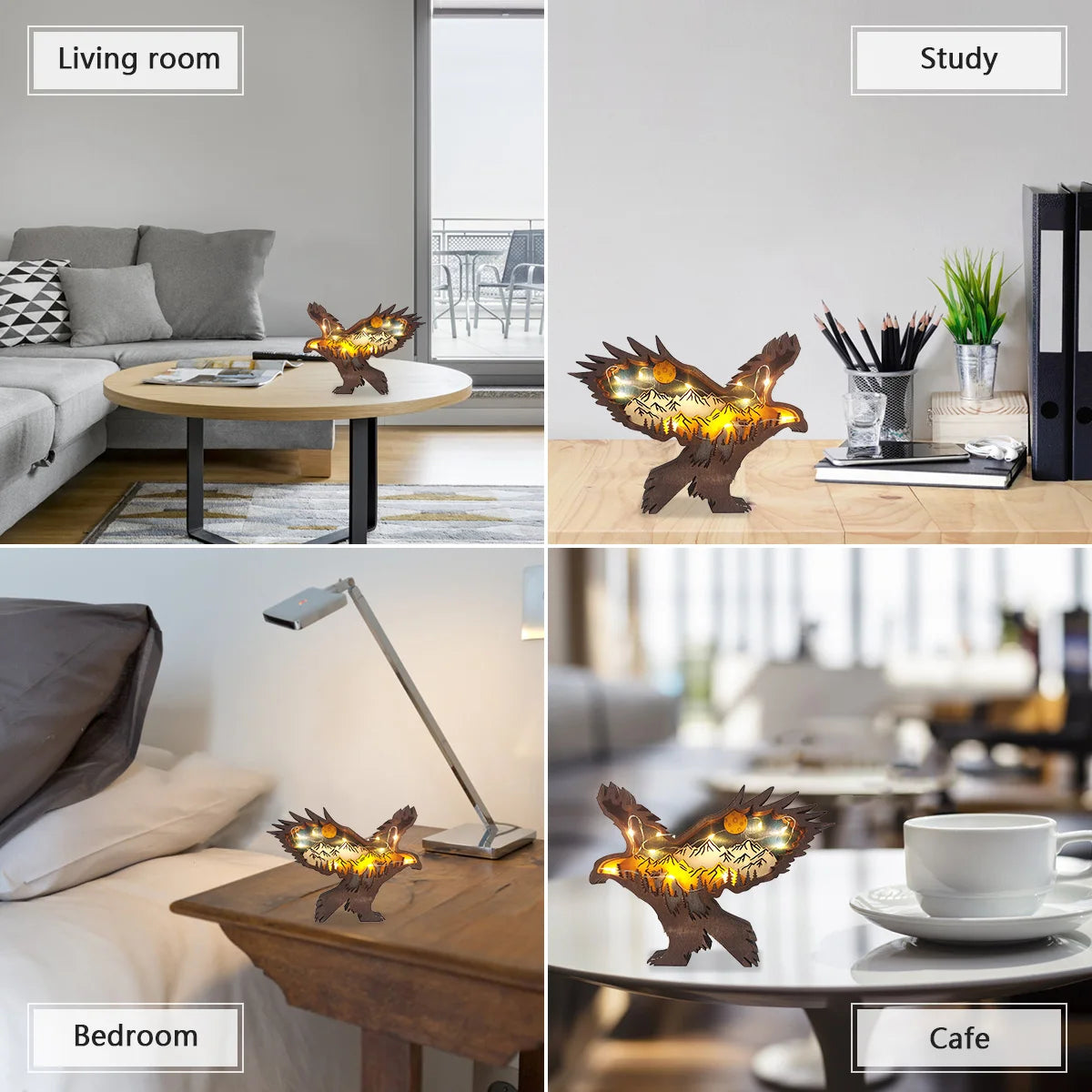 Wooden Ornaments Carved Wooden Wolf Decorations with LED Light Hollow Multi-Layer Forest Animals Scene Display Carving Figurines