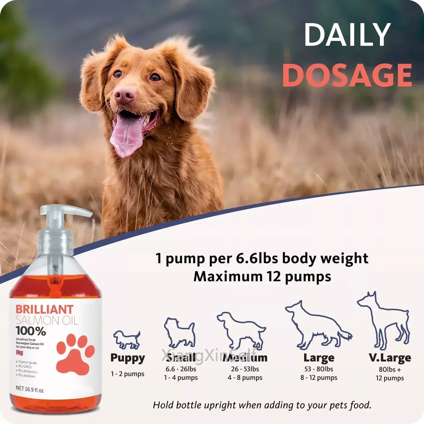 500ML 16.9 fl oz 21 Omega Fatty Acids Natural Salmon Oil Olor Human Grade Nutritional Supplement for Pet Dogs