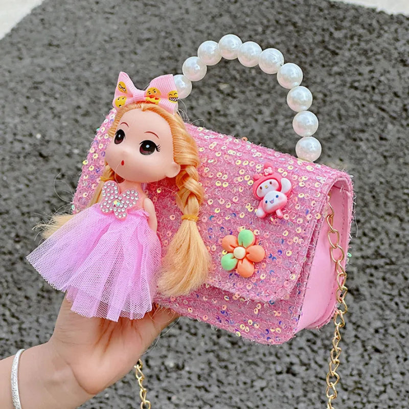 Sweet Princess Small Shoulder Bags Pearl Handle Children's Chain Crossbody Bag Lovely Doll Baby Girls Handbags Accessories Purse