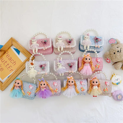 Sweet Princess Small Shoulder Bags Pearl Handle Children's Chain Crossbody Bag Lovely Doll Baby Girls Handbags Accessories Purse