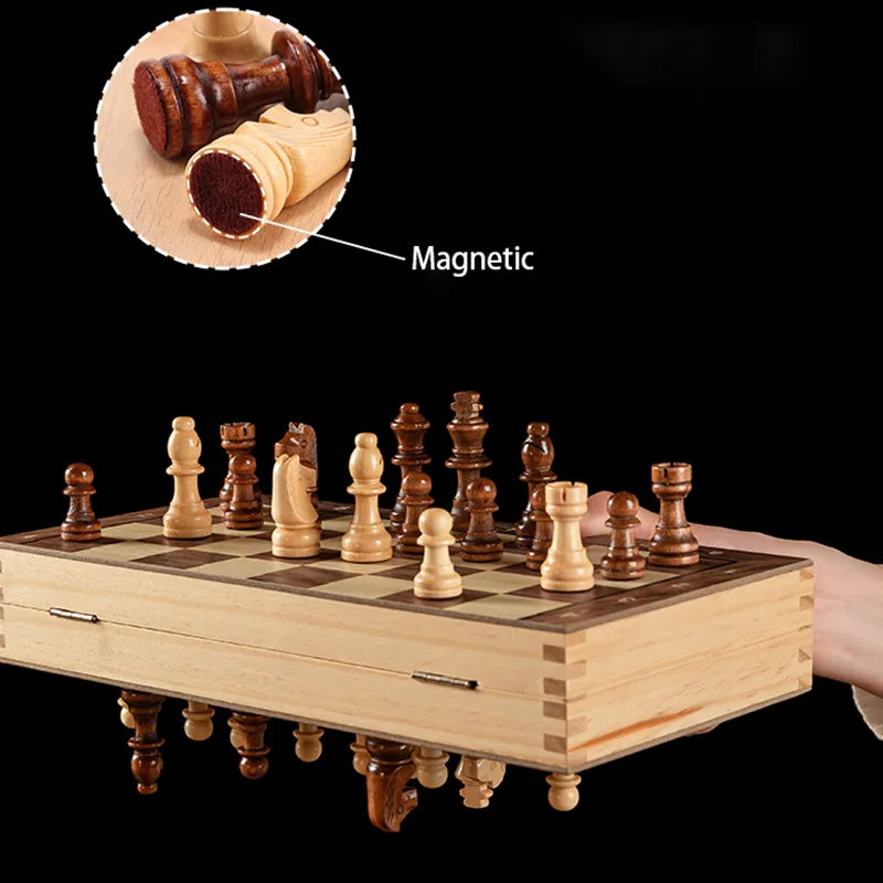 Magnetic Foldable Portable Solid Wood Chess Board - Educational Games for Students and Kids