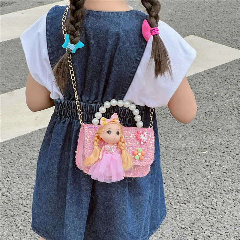 Sweet Princess Small Shoulder Bags Pearl Handle Children's Chain Crossbody Bag Lovely Doll Baby Girls Handbags Accessories Purse