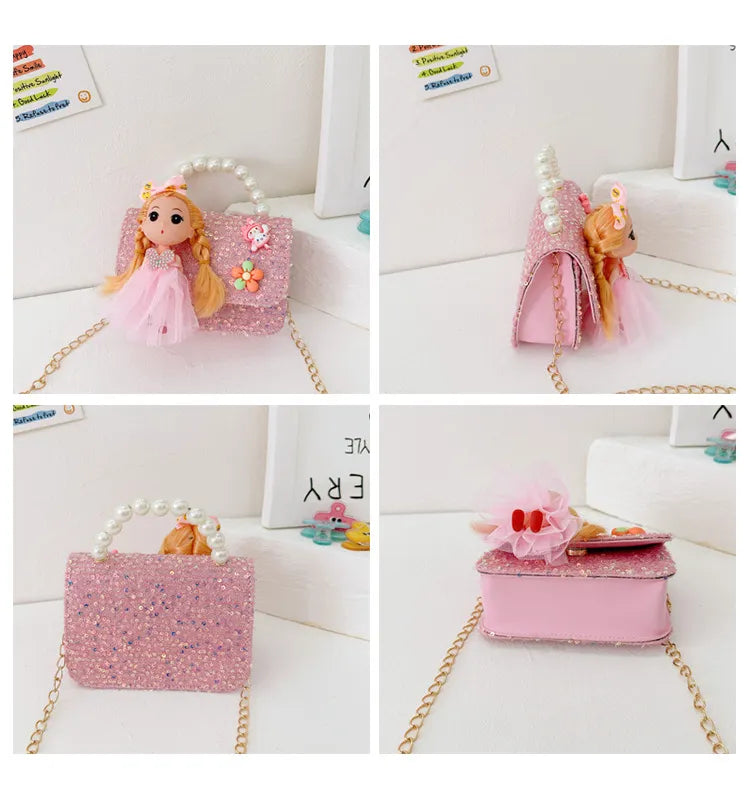 Sweet Princess Small Shoulder Bags Pearl Handle Children's Chain Crossbody Bag Lovely Doll Baby Girls Handbags Accessories Purse