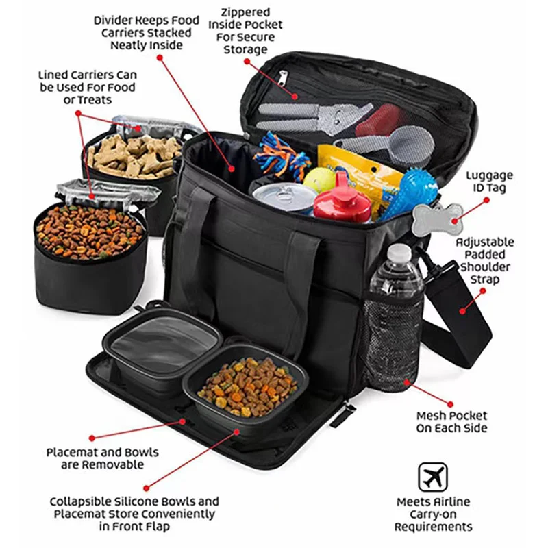 Outdoor Dog Organizer Bag With Bowl Set Traveling Storage Bag Large Multi-Function Pockets Pet Food Container Bag Dog Backpack