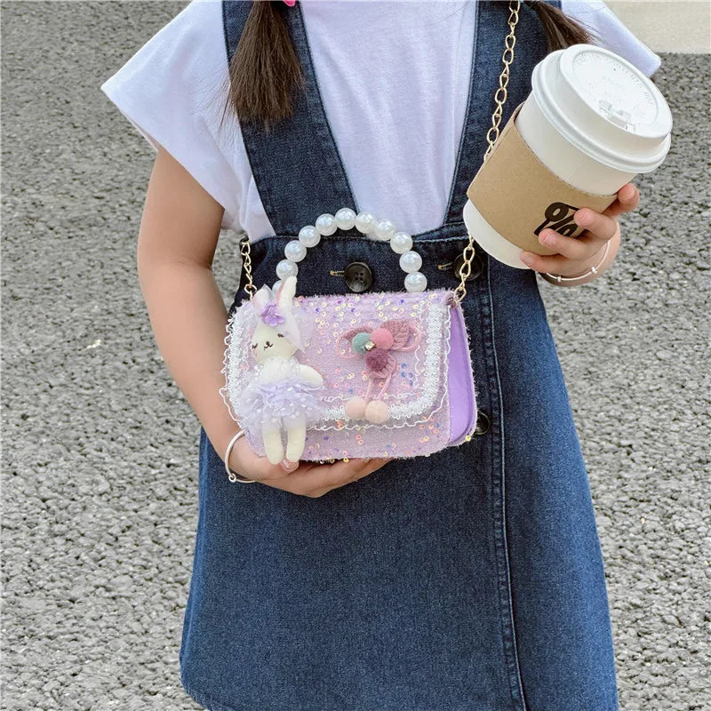 Sweet Princess Small Shoulder Bags Pearl Handle Children's Chain Crossbody Bag Lovely Doll Baby Girls Handbags Accessories Purse