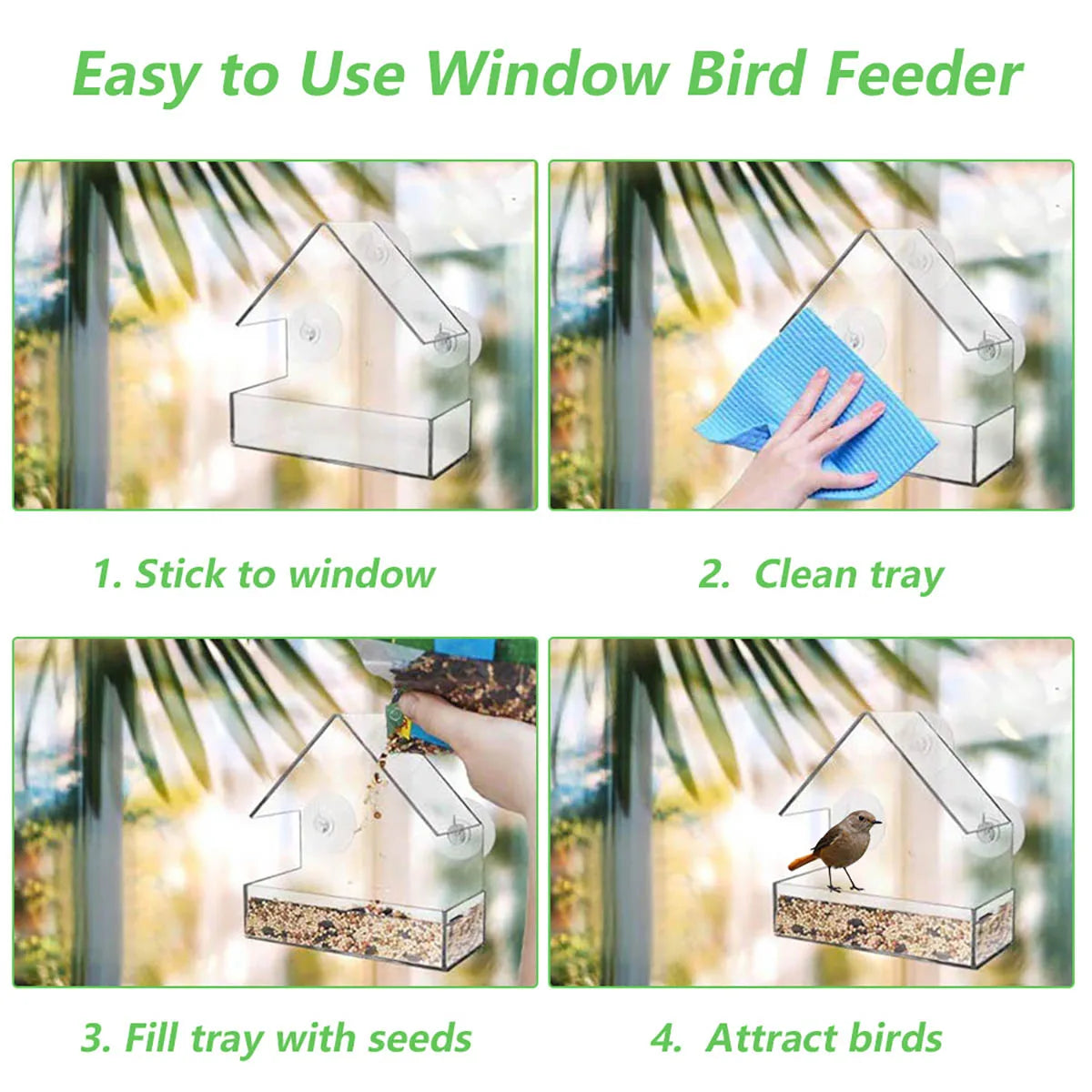 Window Wild Bird Feeder House Transparent Wild Table Removable Suction Cups Sliding Feed Tray for Garden Patio Yard