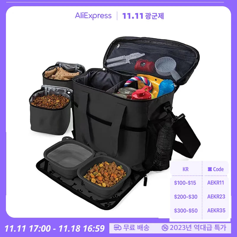 Outdoor Dog Organizer Bag With Bowl Set Traveling Storage Bag Large Multi-Function Pockets Pet Food Container Bag Dog Backpack